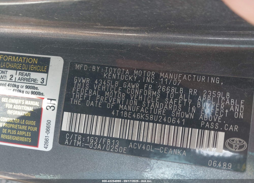 2008 TOYOTA CAMRY LE VIN: 4T1BE46K58U240641
