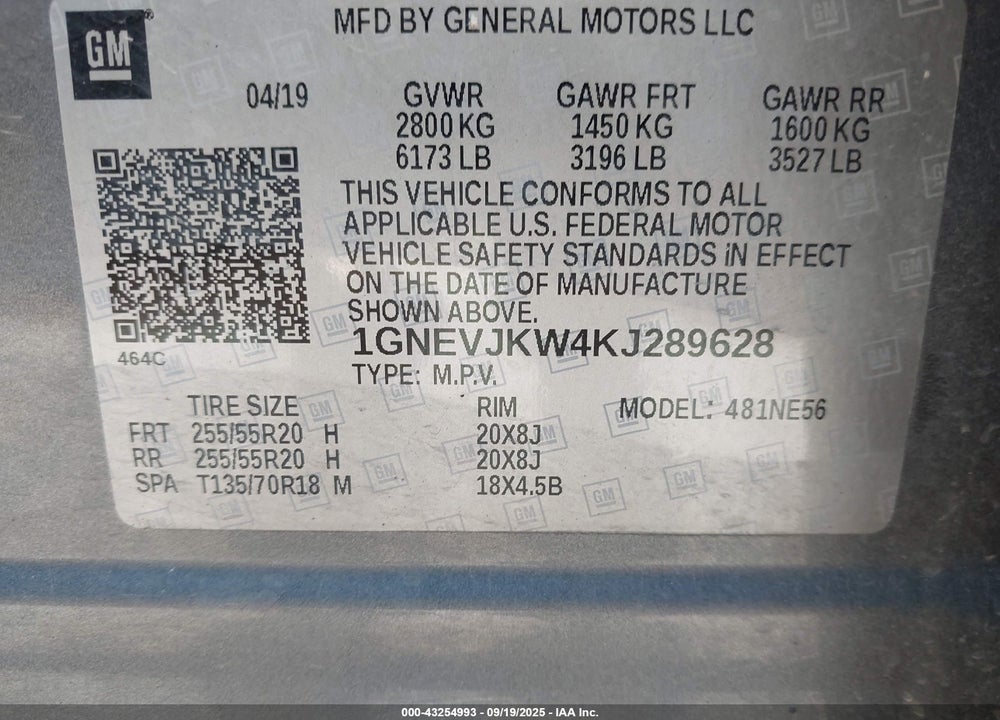 2019 CHEVROLET TRAVERSE HIGH COUNTRY VIN: 1GNEVJKW4KJ289628