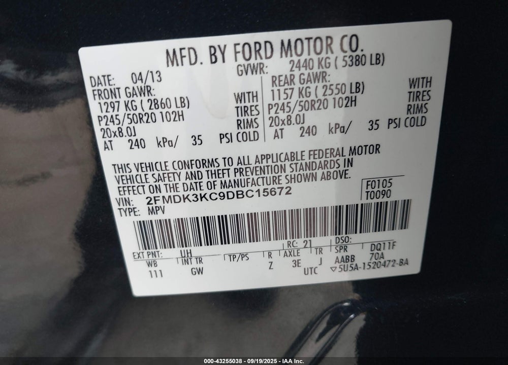 2013 FORD EDGE LIMITED VIN: 2FMDK3KC9DBC15672