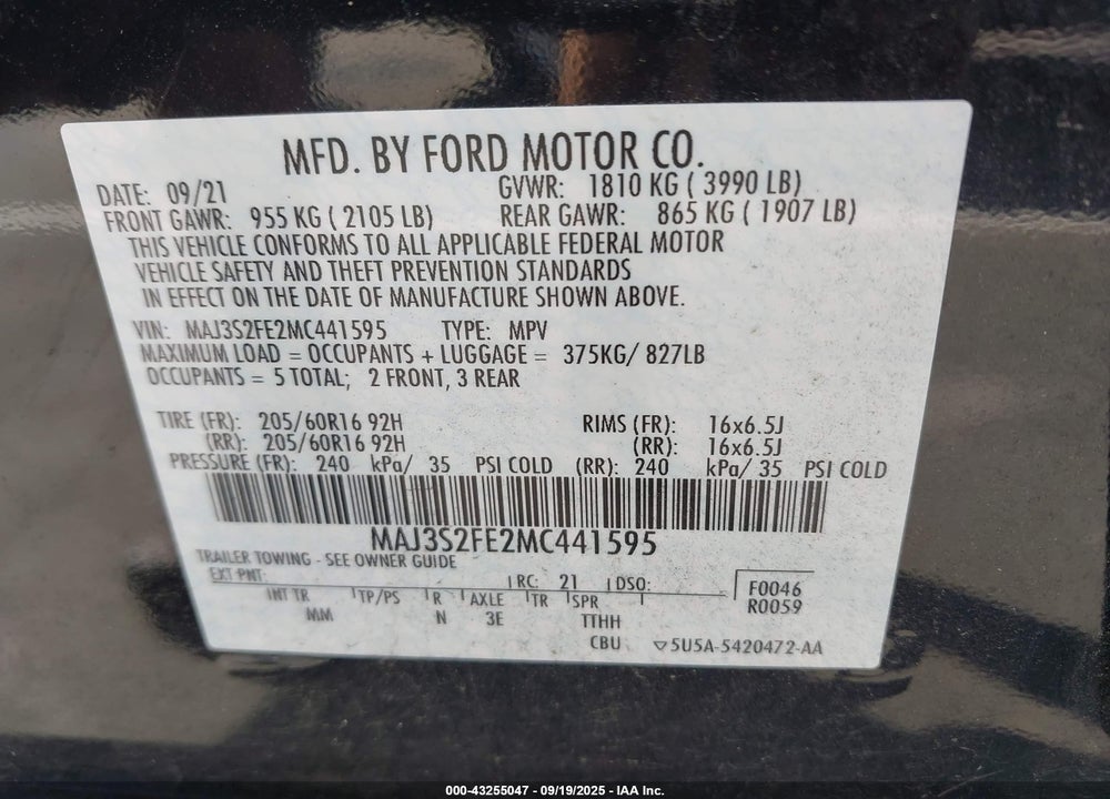 2021 FORD ECOSPORT S VIN: MAJ3S2FE2MC441595