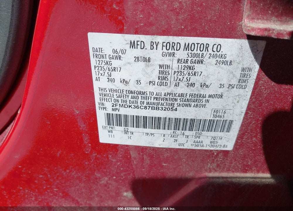 2007 FORD EDGE VIN: 2FMDK36C87BB32054