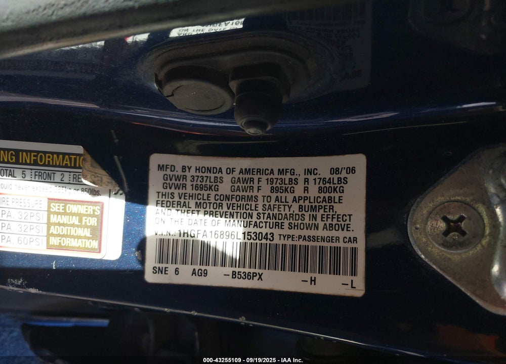 2006 HONDA CIVIC EX VIN: 1HGFA16896L153043