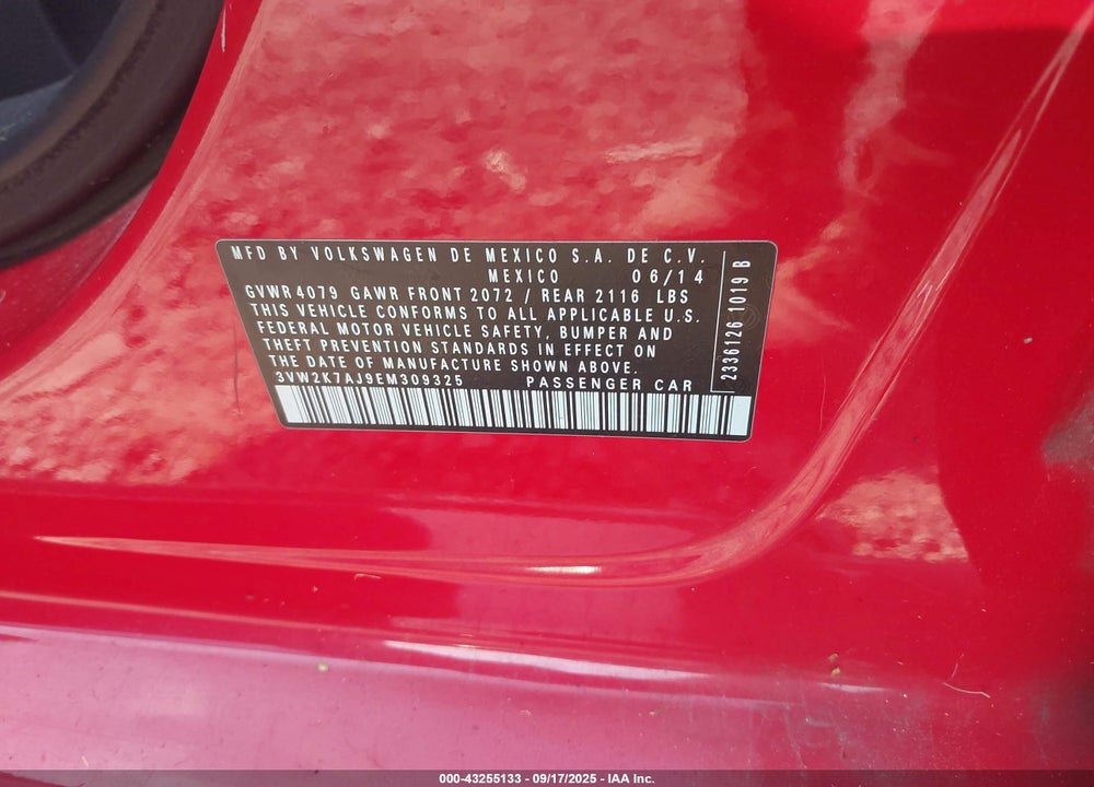 2014 VOLKSWAGEN JETTA 2.0L S VIN: 3VW2K7AJ9EM309325