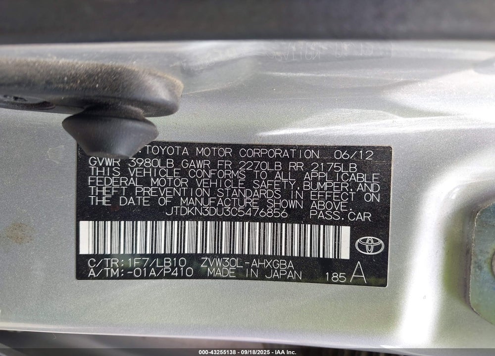 2012 TOYOTA PRIUS VIN: JTDKN3DU3C5476856