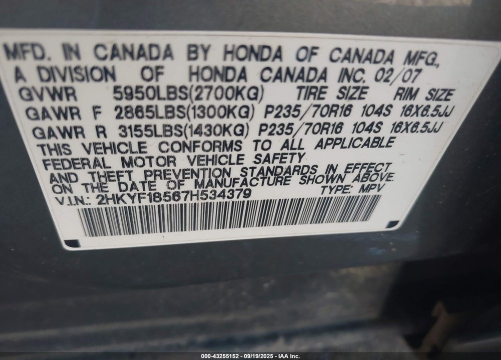 2007 HONDA PILOT EX-L VIN: 2HKYF18567H534379