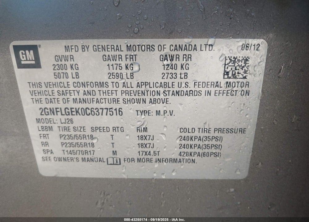 2012 CHEVROLET EQUINOX LTZ VIN: 2GNFLGEK0C6377516