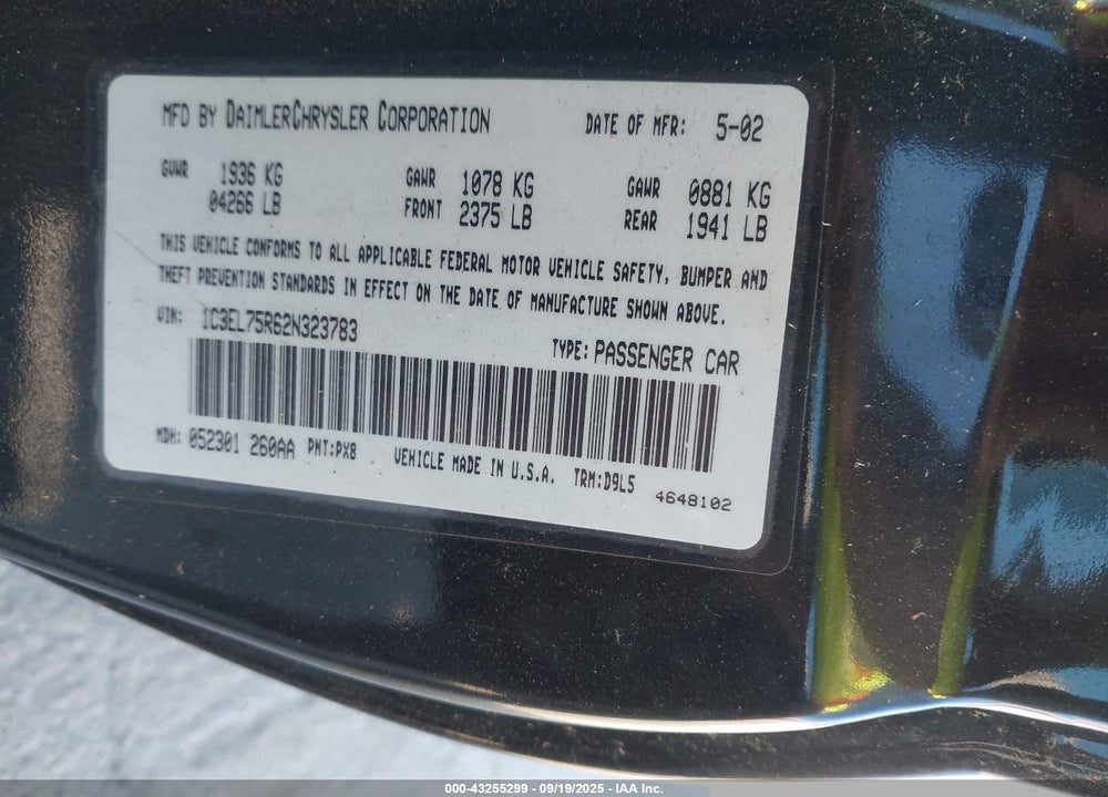 2002 CHRYSLER SEBRING GTC VIN: 1C3EL75R62N323783