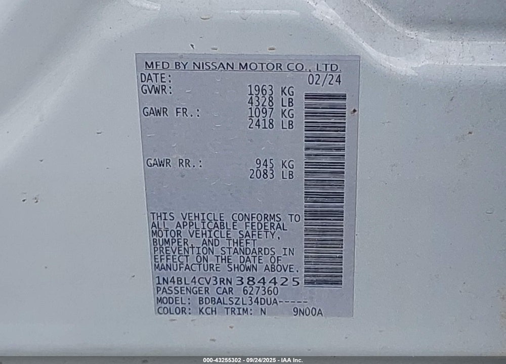 2024 NISSAN ALTIMA VIN: 1N4BL4CV3RN384425