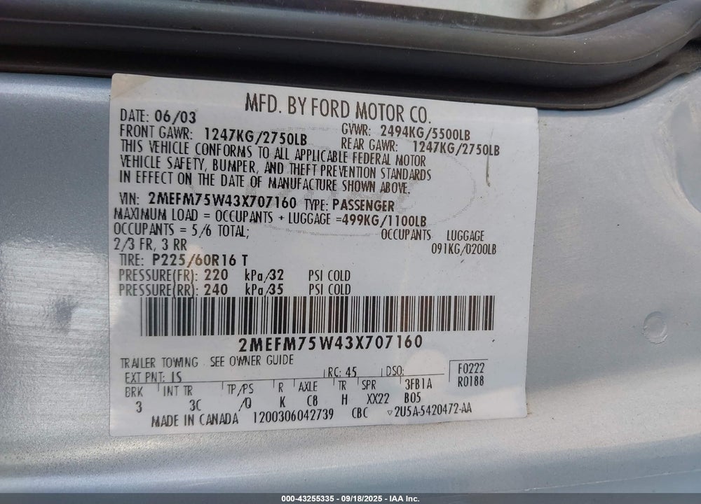 2003 MERCURY GRAND MARQUIS LS VIN: 2MEFM75W43X707160