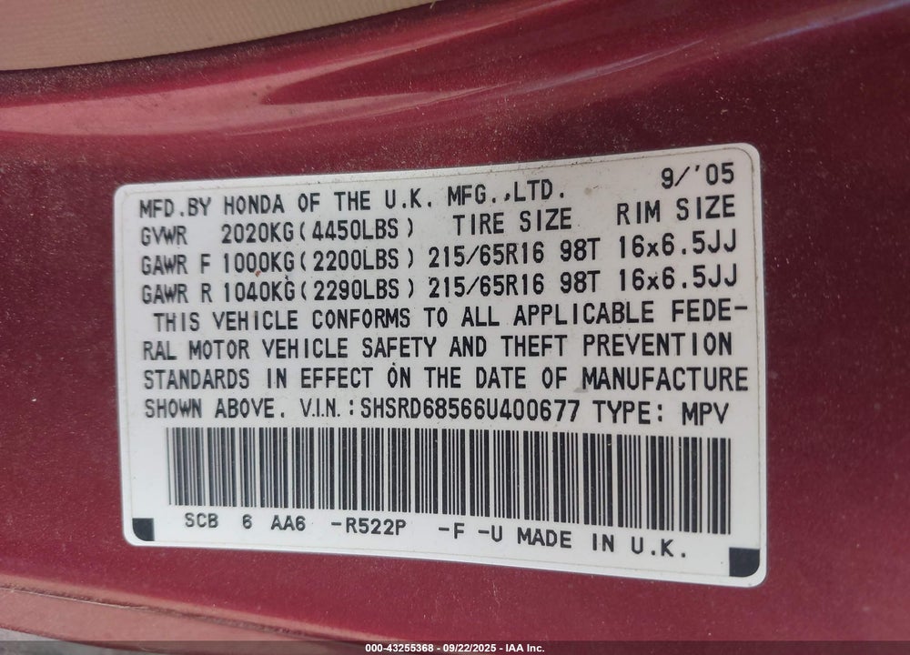 2006 HONDA CR-V LX VIN: SHSRD68566U400677