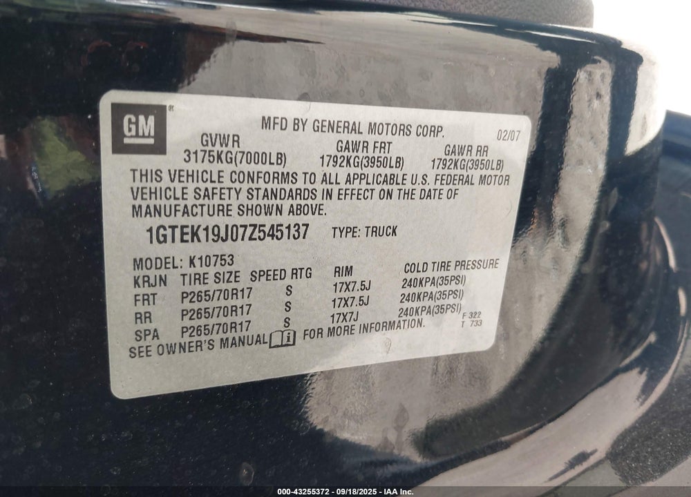 2007 GMC SIERRA 1500 VIN: 1GTEK19J07Z545137