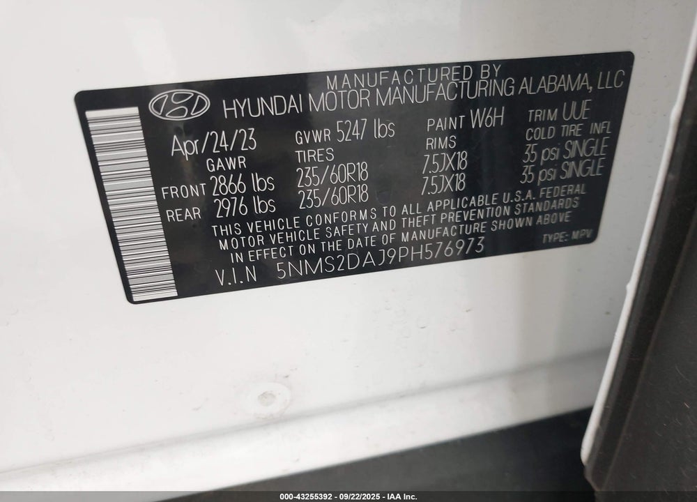 2023 HYUNDAI SANTA FE SEL VIN: 5NMS2DAJ9PH576973