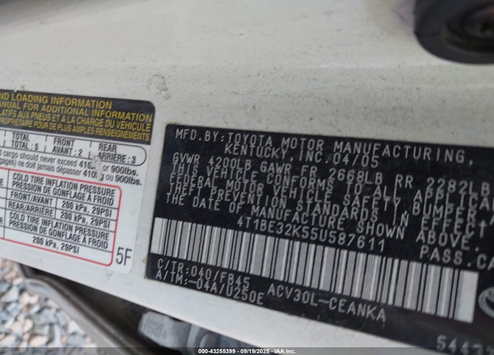 2005 TOYOTA CAMRY LE VIN: 4T1BE32K55U587611
