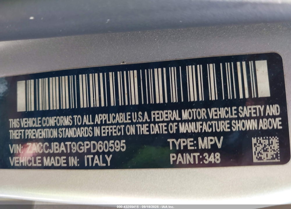 2016 JEEP RENEGADE VIN: ZACCJBAT9GPD60595