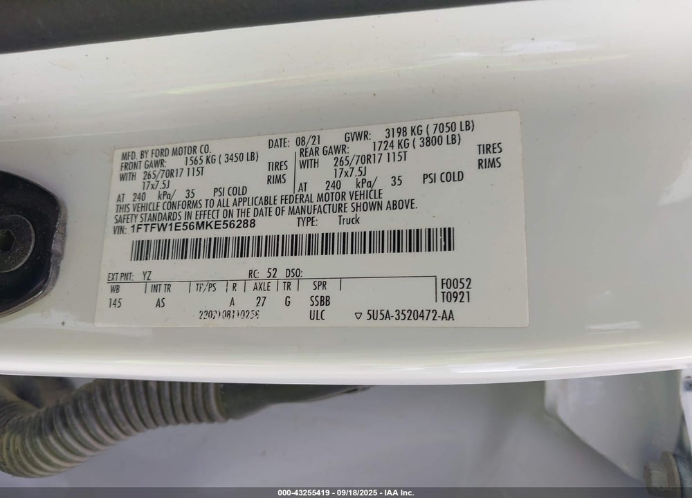 2021 FORD F-150 VIN: 1FTFW1E56MKE56288