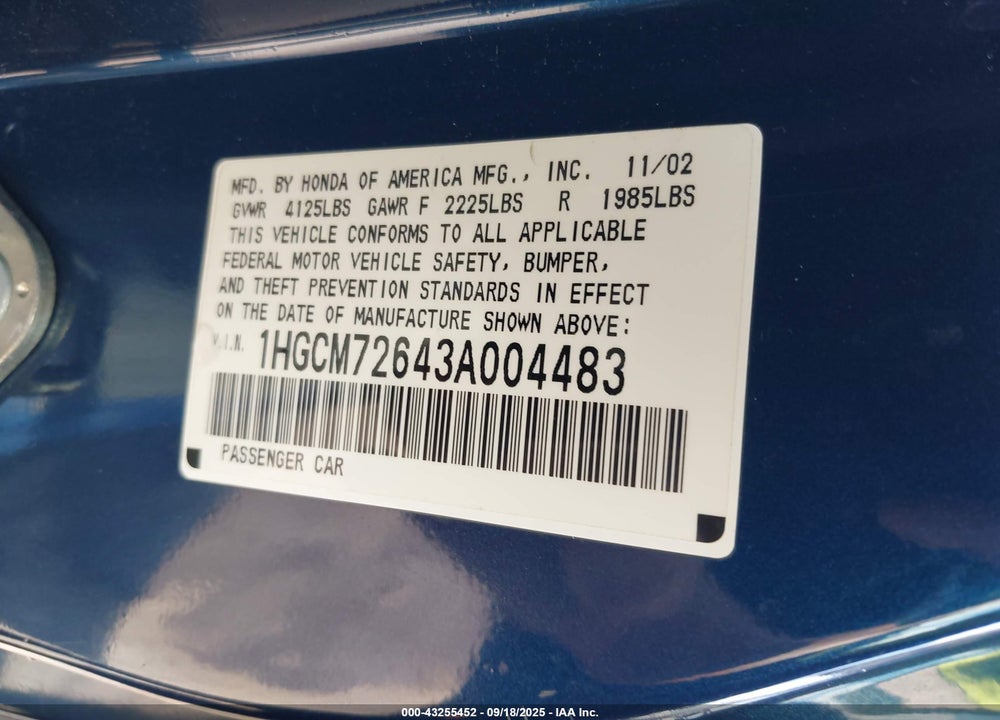 2003 HONDA ACCORD VIN: 1HGCM72643A004483