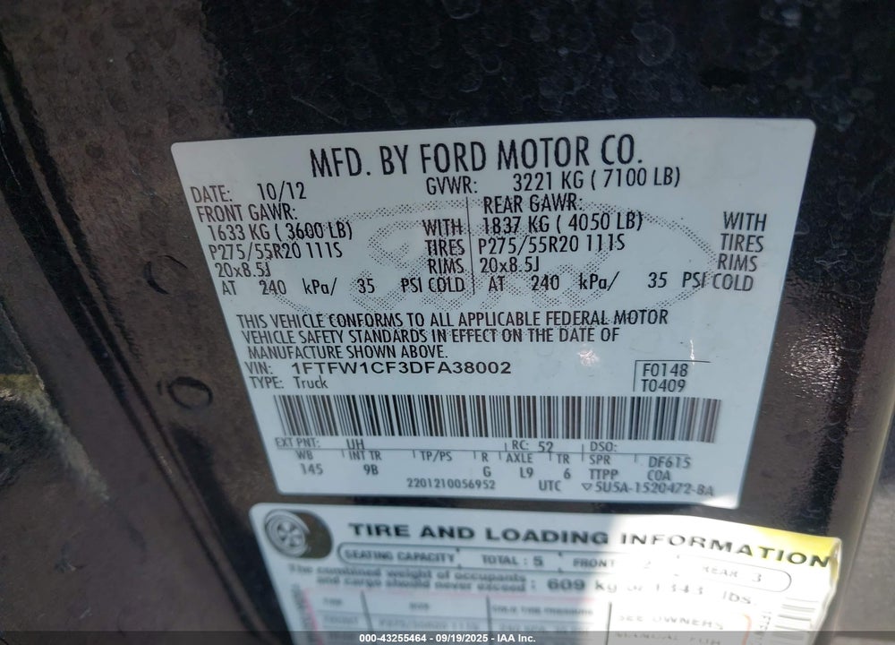 2013 FORD F-150 VIN: 1FTFW1CF3DFA38002