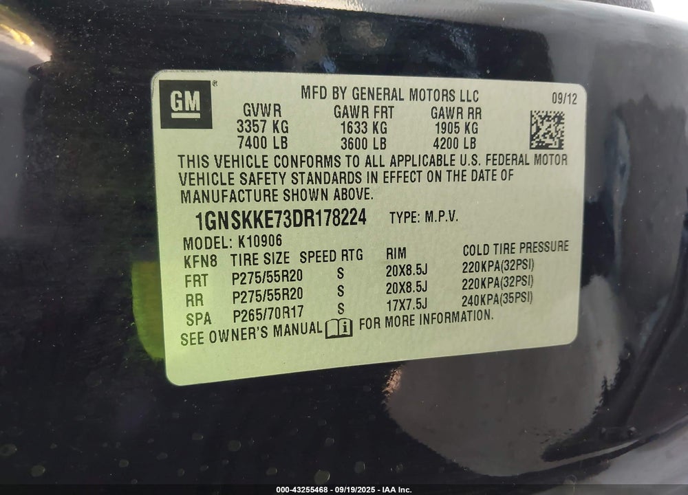 2013 CHEVROLET SUBURBAN 1500 LTZ VIN: 1GNSKKE73DR178224