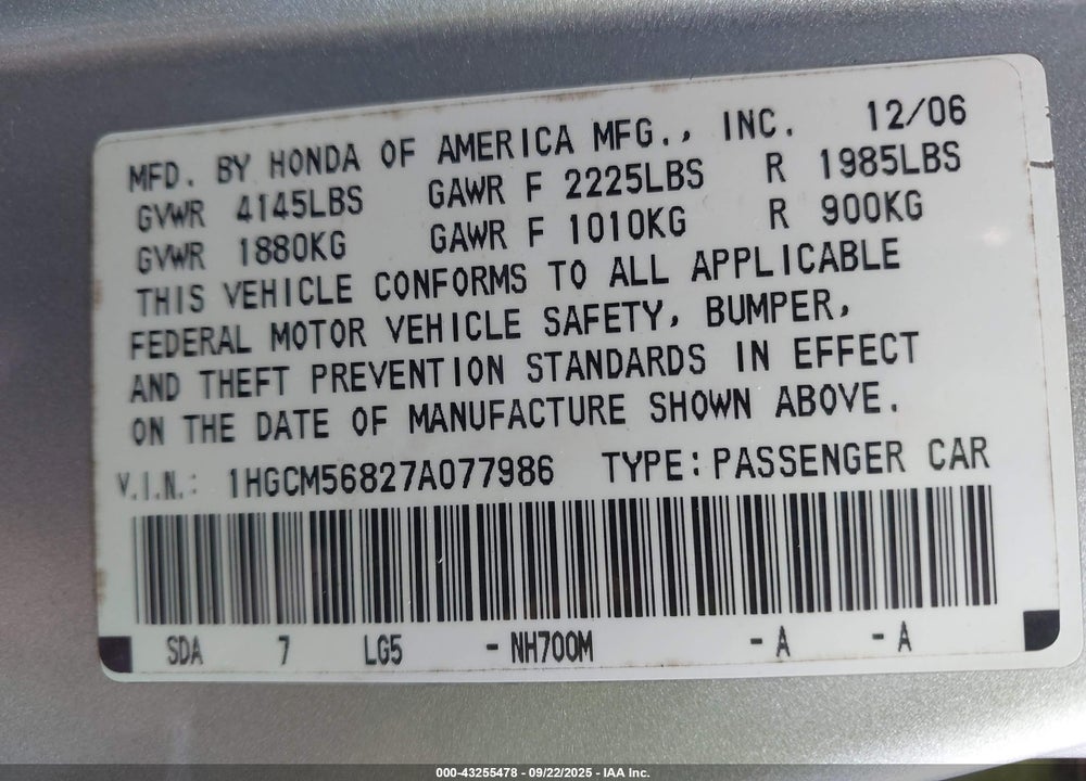 2007 HONDA ACCORD VIN: 1HGCM56827A077986
