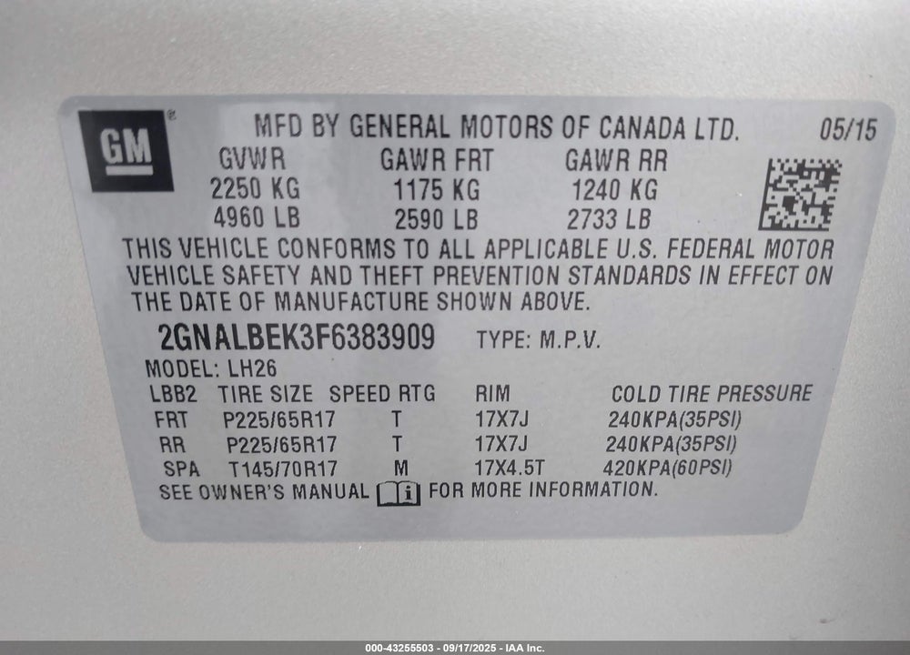 2015 CHEVROLET EQUINOX VIN: 2GNALBEK3F6383909