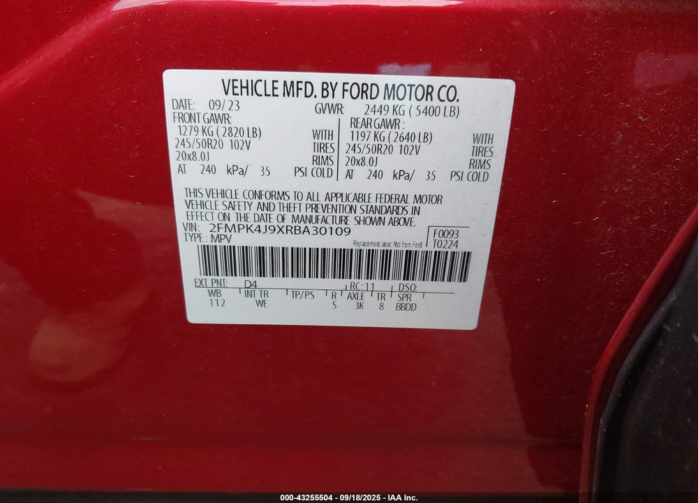 2024 FORD EDGE VIN: 2FMPK4J9XRBA30109