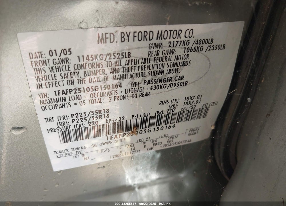 2005 FORD FIVE HUNDRED LIMITED VIN: 1FAFP25105G150164