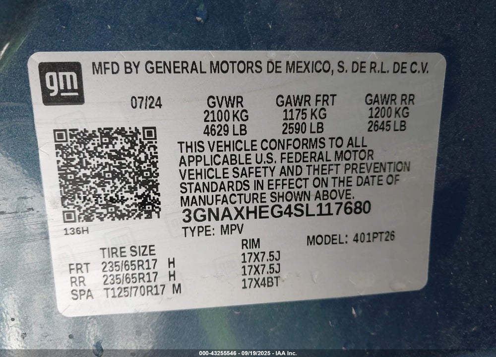 2025 CHEVROLET EQUINOX VIN: 3GNAXHEG4SL117680