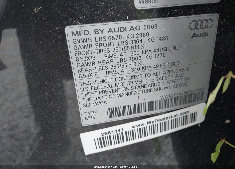 2009 AUDI Q7 VIN: WA1AY74L59D014485