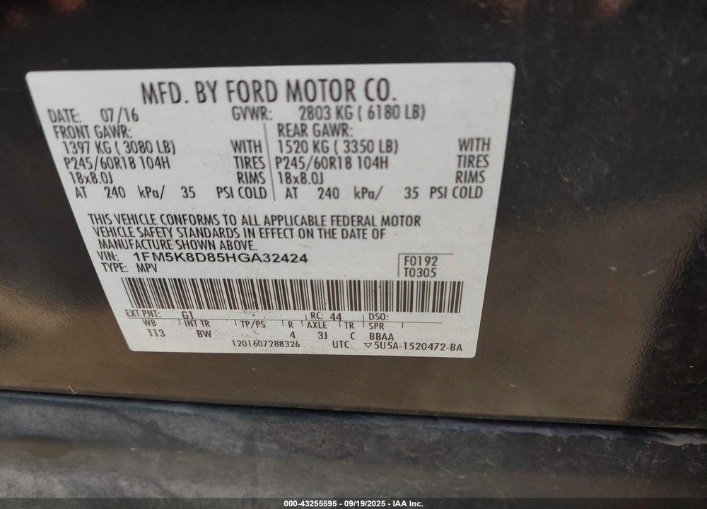 2017 FORD EXPLORER VIN: 1FM5K8D85HGA32424