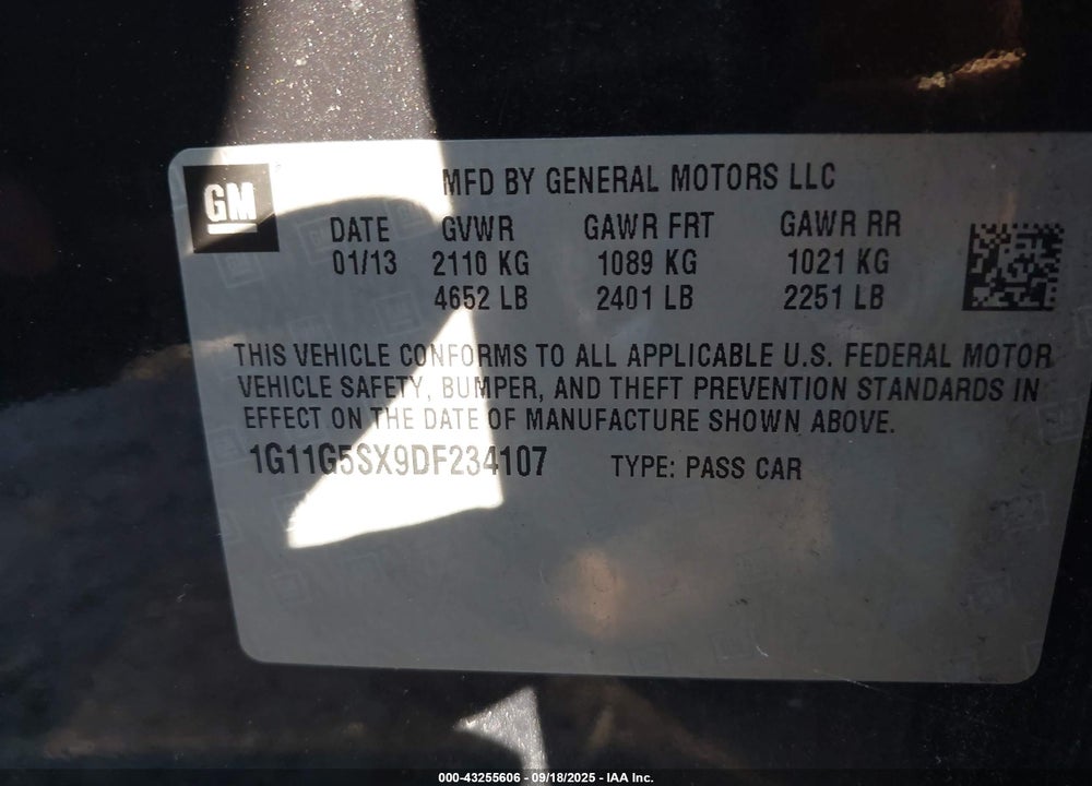 2013 CHEVROLET MALIBU VIN: 1G11G5SX9DF234107