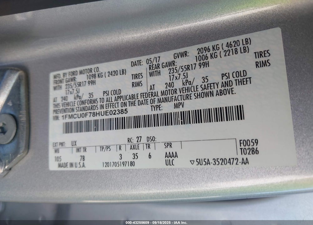 2017 FORD ESCAPE VIN: 1FMCU0F78HUE02385
