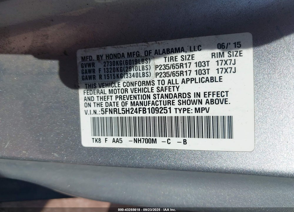 2015 HONDA ODYSSEY LX VIN: 5FNRL5H24FB109251