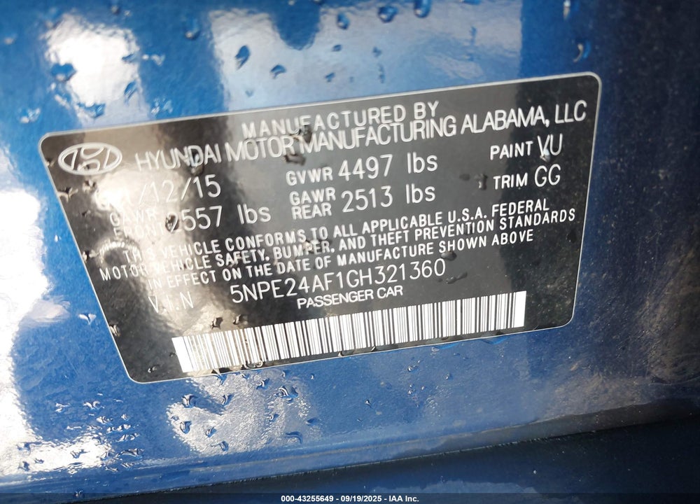 2016 HYUNDAI SONATA VIN: 5NPE24AF1GH321360