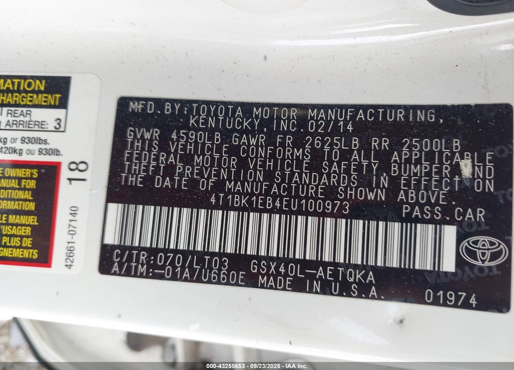 2014 TOYOTA AVALON VIN: 4T1BK1EB4EU100973