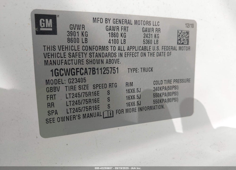 2011 CHEVROLET EXPRESS 2500 WORK VAN VIN: 1GCWGFCA7B1125751