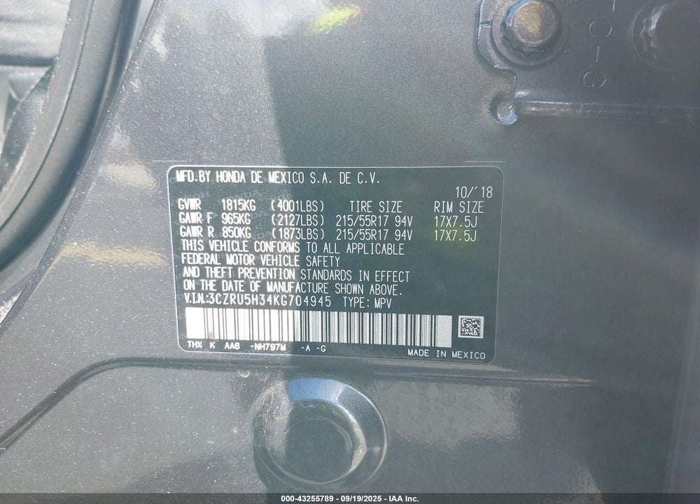 2019 HONDA HR-V VIN: 3CZRU5H34KG704945
