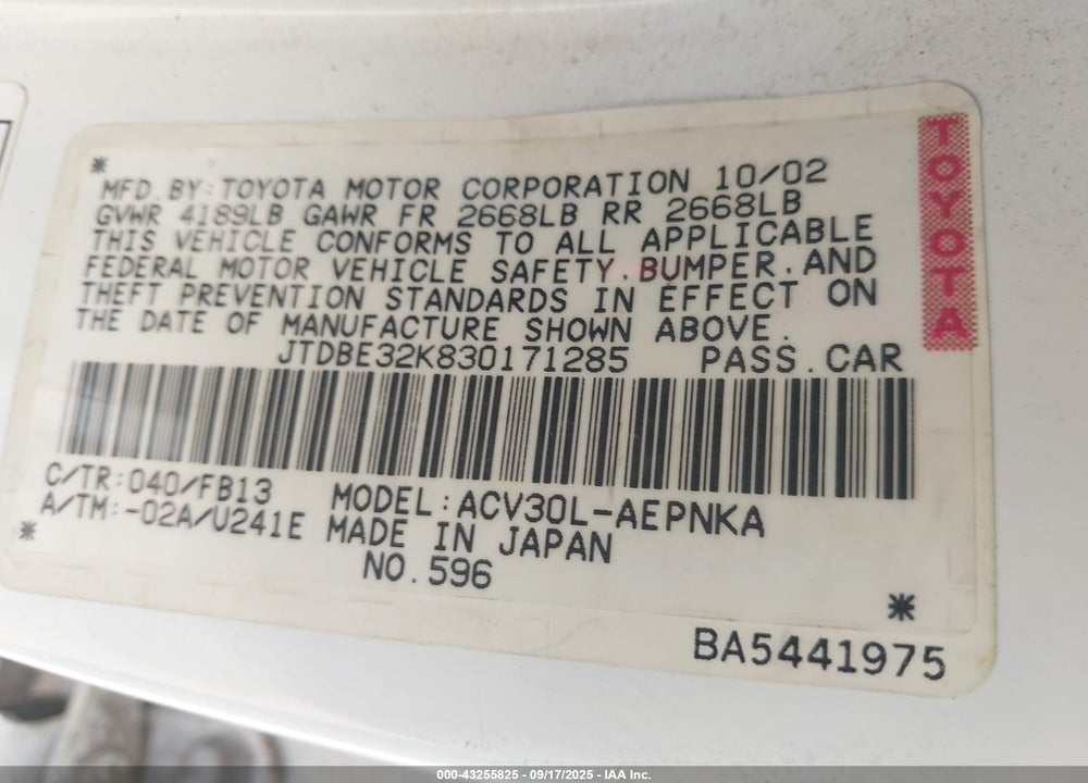 2003 TOYOTA CAMRY LE VIN: JTDBE32K830171285