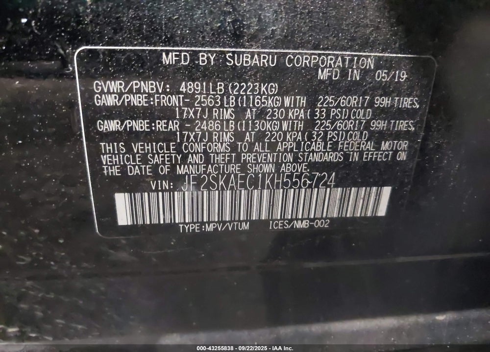 2019 SUBARU FORESTER VIN: JF2SKAEC1KH556724