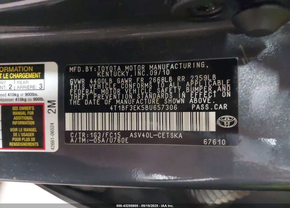 2011 TOYOTA CAMRY VIN: 4T1BF3EK5BU657306