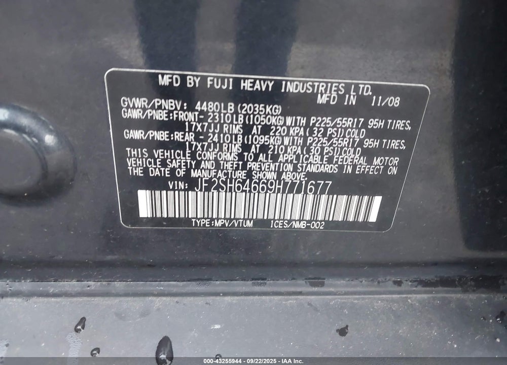 2009 SUBARU FORESTER VIN: JF2SH64669H771677
