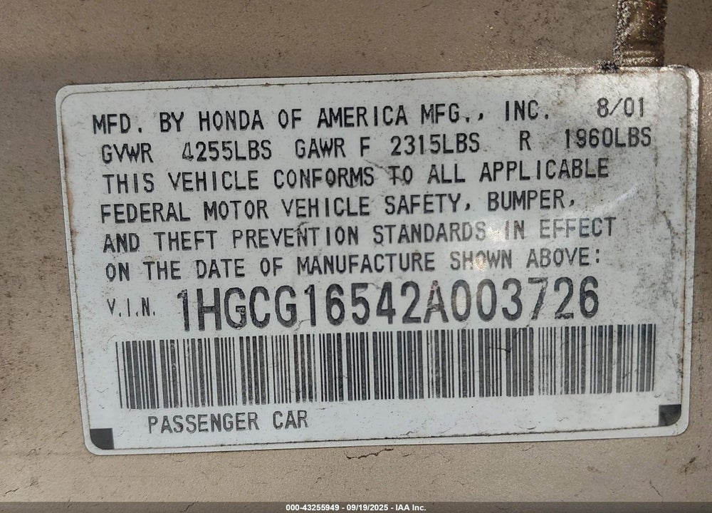 2002 HONDA ACCORD 3.0 EX VIN: 1HGCG16542A003726