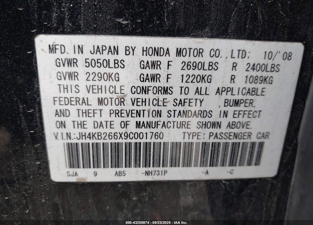 2009 ACURA RL 3.7 VIN: JH4KB266X9C001760