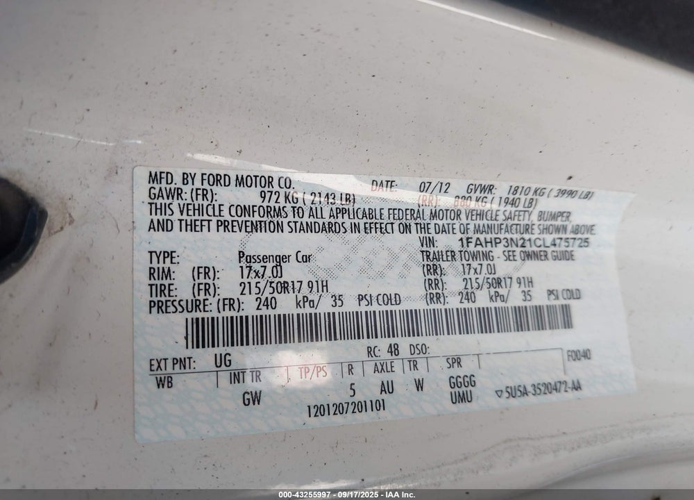 2012 FORD FOCUS VIN: 1FAHP3N21CL475725