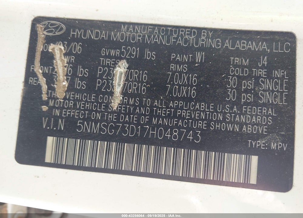 2007 HYUNDAI SANTA FE GLS VIN: 5NMSG73D17H048743