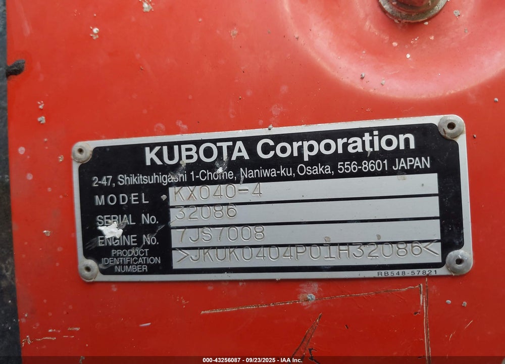 2018 KUBOTA KX040-4R1 VIN: JKUK0404P01H32086