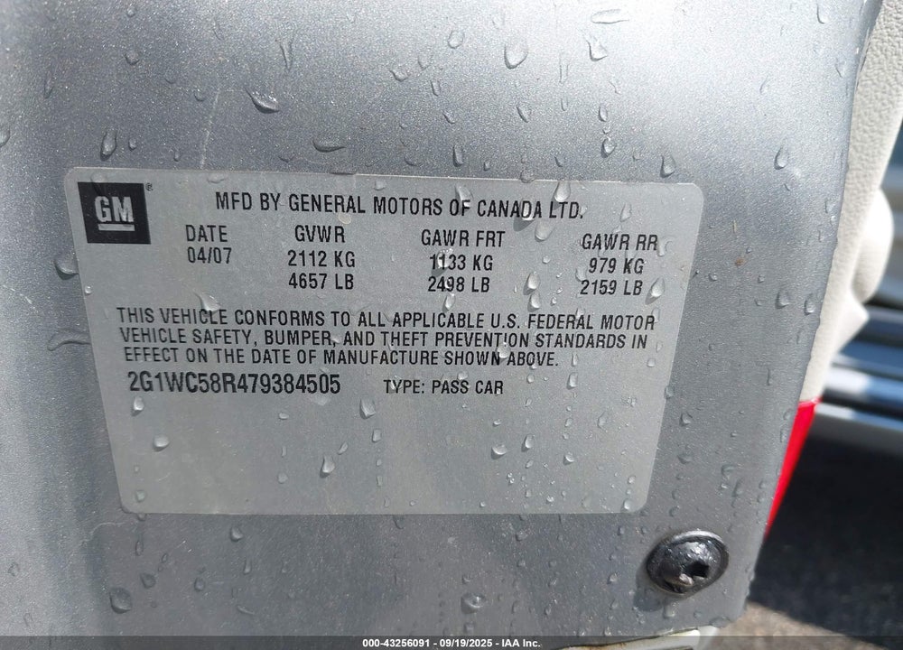 2007 CHEVROLET IMPALA LT VIN: 2G1WC58R479384505