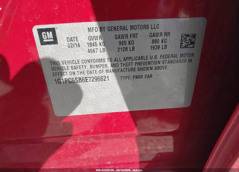 2014 CHEVROLET CRUZE VIN: 1G1PC5SB6E7296621