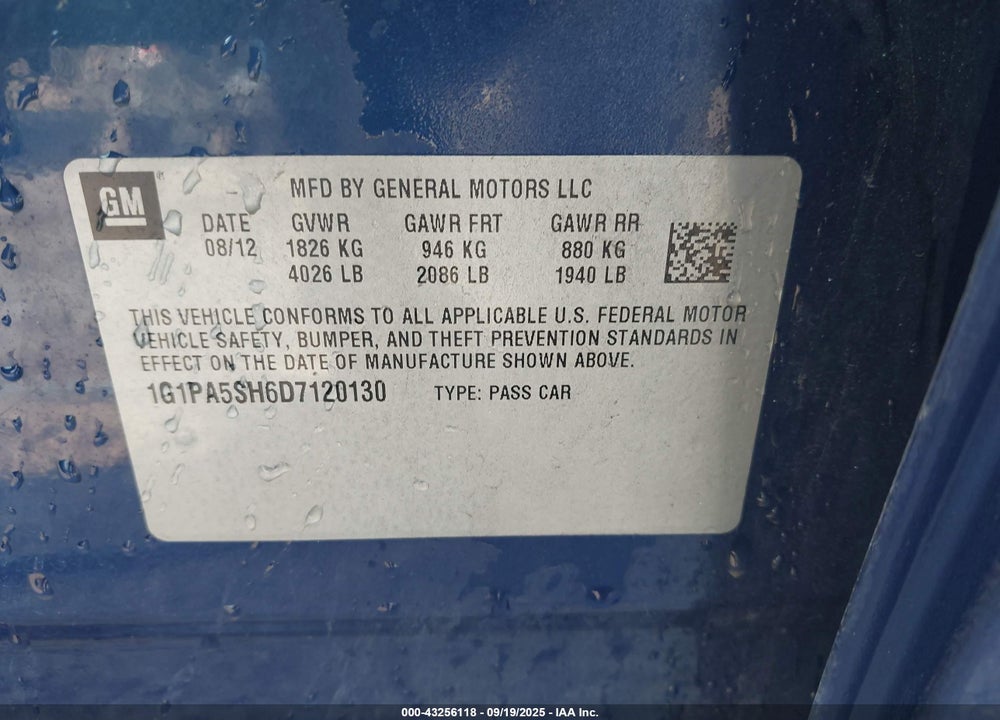 2013 CHEVROLET CRUZE VIN: 1G1PA5SH6D7120130