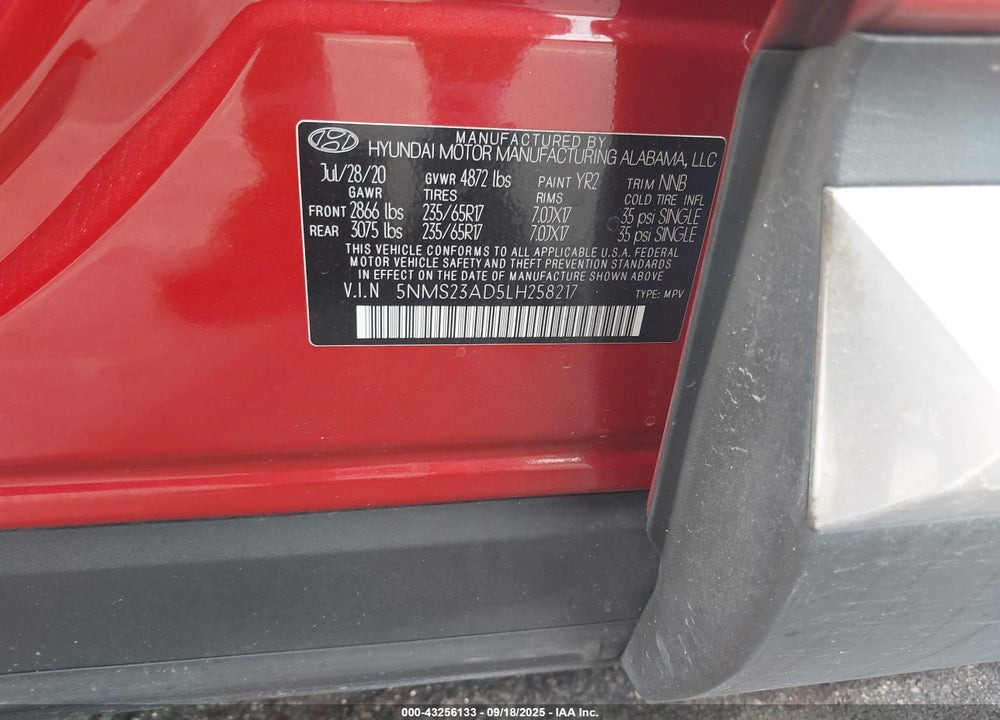 2020 HYUNDAI SANTA FE SE VIN: 5NMS23AD5LH258217