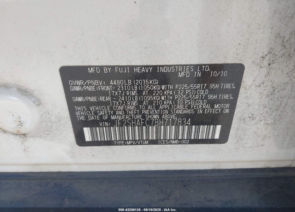2011 SUBARU FORESTER VIN: JF2SHAFC7BH717834